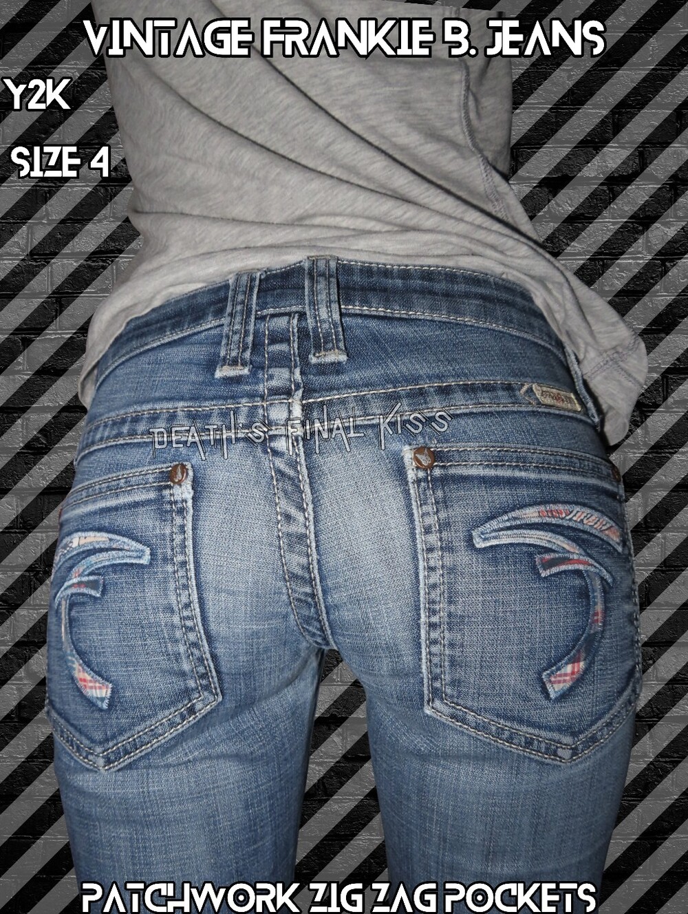 Y2K Rare Frankie B. Blue Jeans Patchwork Zig Zag F Pockets Boho Low Rise Sexy